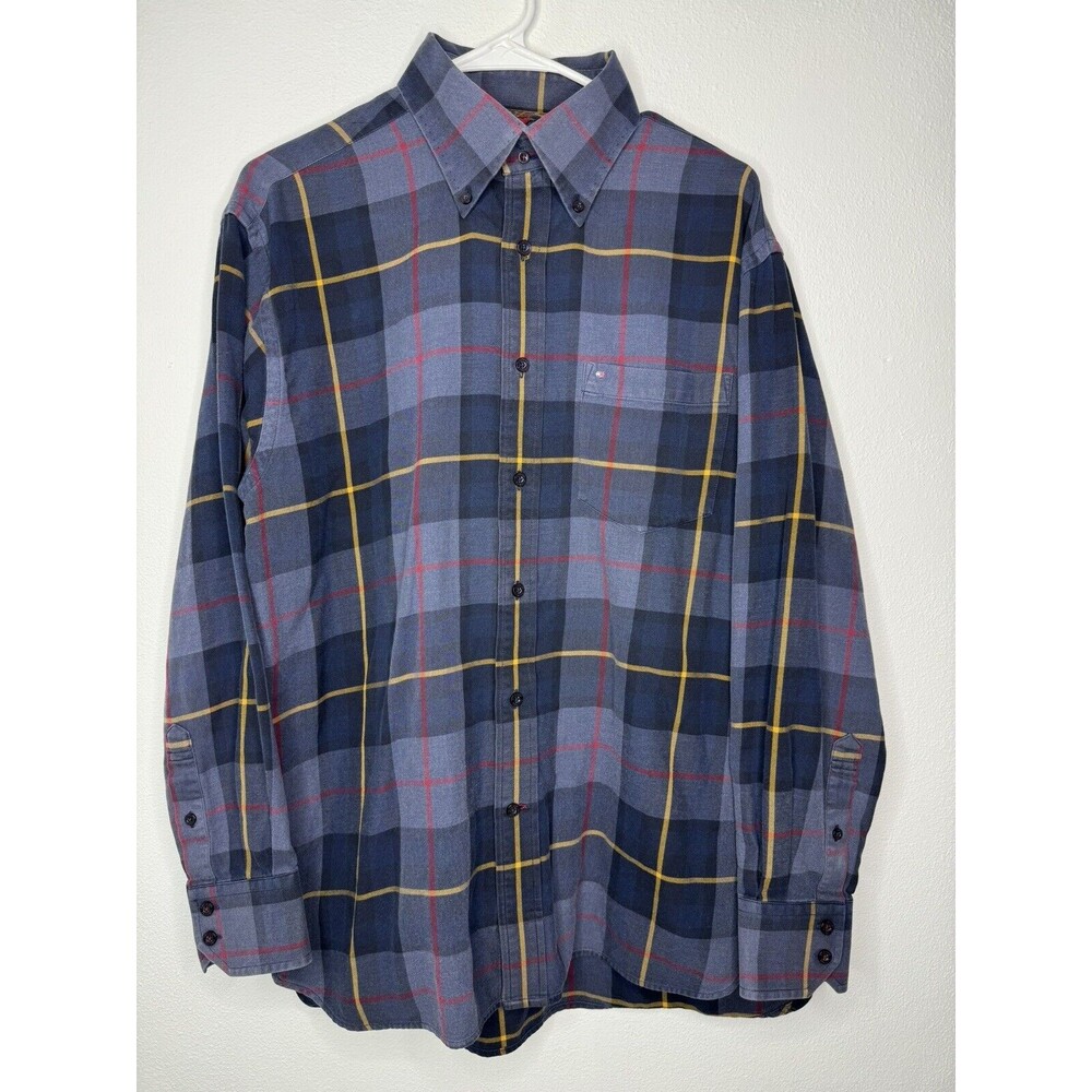 Tommy Hilfiger Navy Blue Plaid and Striped Button Up Shirt Men's Size Medium M